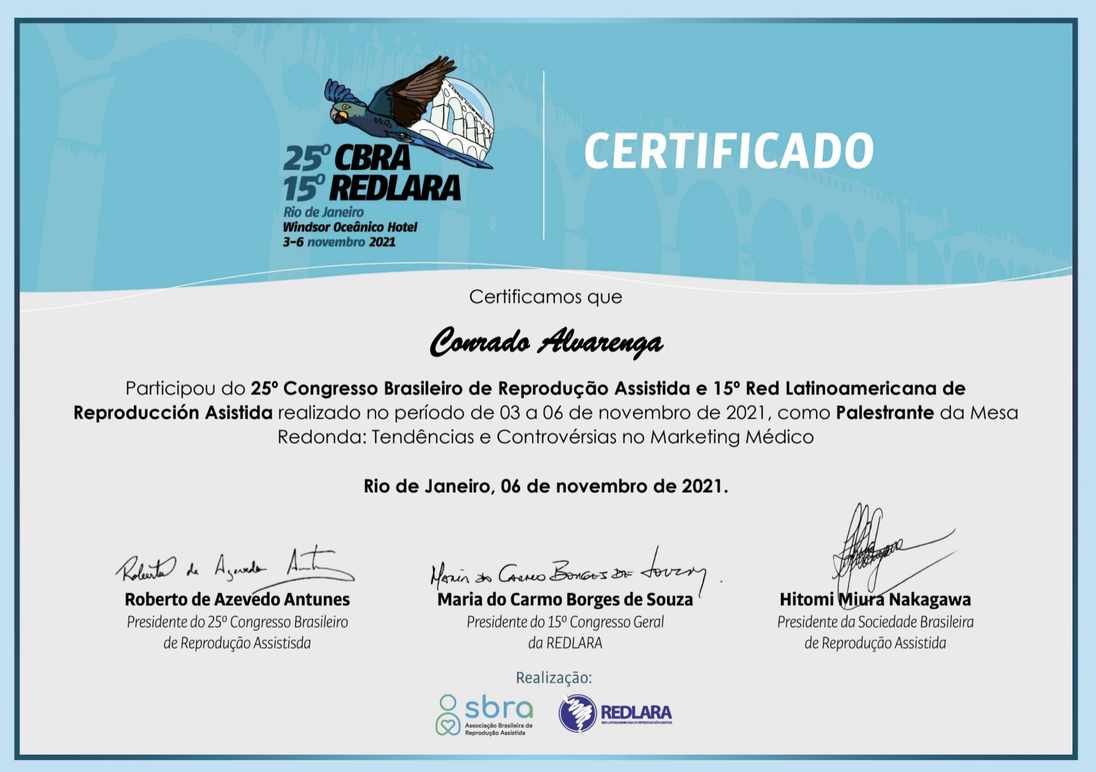 Certificado de Participação: 25º Congresso Brasileiro de Reprodução Assistida